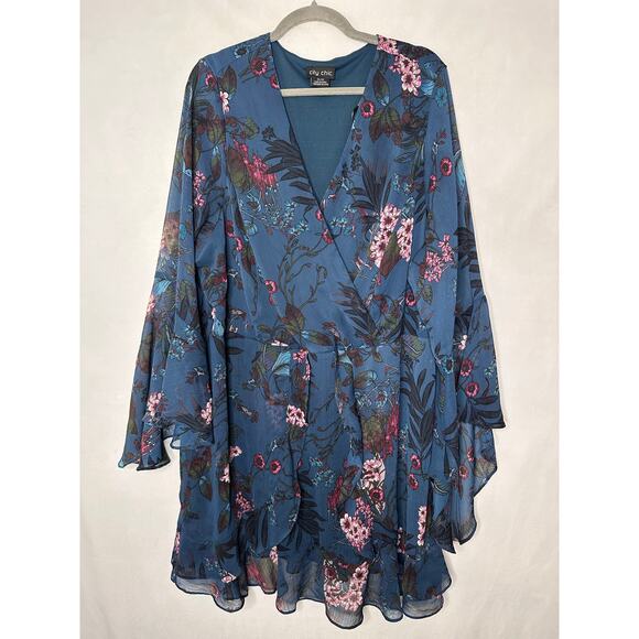 City Chic Floral Faux Wrap Dress Teal Ruffle Bell Sleeve Flowy Boho Fall XL / 22 - Picture 1 of 8